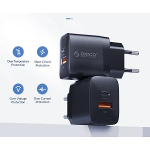 ORICO φορτιστής τοίχου PV20-1U1C, USB & USB-C, PD QC 3.0, 20W, μαύρος | Αξεσουάρ κινητών | elabstore.gr