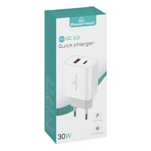 POWERTECH φορτιστής τοίχου PT-1025, USB & USB-C, PD QC3.0, 30W, λευκός | Αξεσουάρ κινητών | elabstore.gr