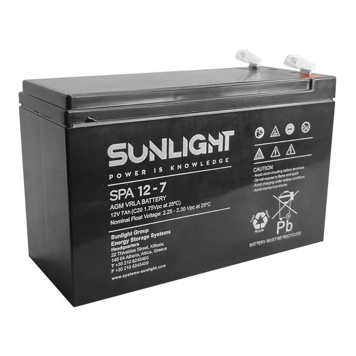 SUNLIGHT μπαταρία μολύβδου SPA12-7, 12V 7Ah, 6.3mm F | Τροφοδοσία Ρεύματος | elabstore.gr