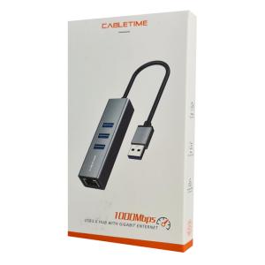 CABLETIME USB hub CT-AMLU3, RJ45 & 3x USB θύρες, 5Gbps, 1000Mbps, γκρι | Συνοδευτικά PC | elabstore.gr
