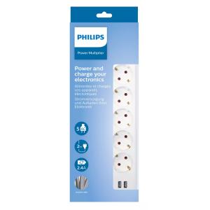 PHILIPS πολύπριζο SPN3052WA, 5x schuko 16A, 2x USB 2.4A, 2m, λευκό | Τροφοδοσία Ρεύματος | elabstore.gr