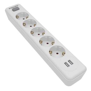 PHILIPS πολύπριζο SPN3052WA, 5x schuko 16A, 2x USB 2.4A, 2m, λευκό | Τροφοδοσία Ρεύματος | elabstore.gr