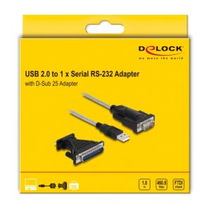 DELOCK καλώδιο USB σε RS-232 DB9 61314 με αντάπτορα DB25, 1.8m, μαύρο | Καλώδια - Αντάπτορες | elabstore.gr