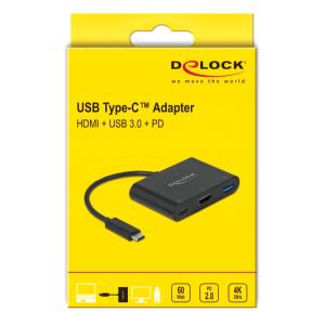 DELOCK αντάπτορας USB-C σε HDMI+USB+USB-C PD 2.0 64091, 4K, 15cm, μαύρος | Καλώδια - Αντάπτορες | elabstore.gr