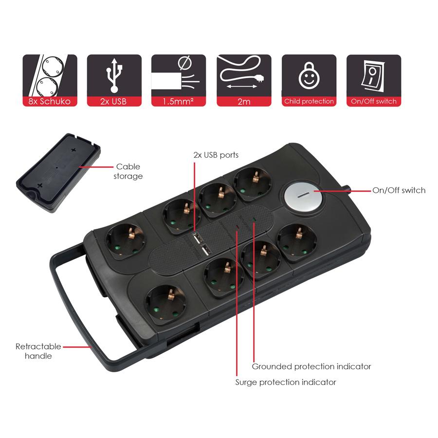 POWERTECH πολύπριζο ασφαλείας PT-995, 8x schuko & 2x USB, 16A, 2m, μαύρο | eLabstore.gr POWERTECH πολύπριζο ασφαλείας PT-995, 8x schuko & 2x USB, 16A, 2m, μαύρο | Τροφοδοσία Ρεύματος | elabstore.gr