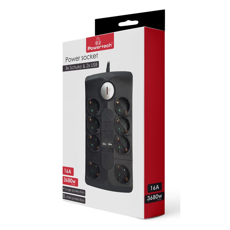 POWERTECH πολύπριζο ασφαλείας PT-995, 8x schuko & 2x USB, 16A, 2m, μαύρο | eLabstore.gr POWERTECH πολύπριζο ασφαλείας PT-995, 8x schuko & 2x USB, 16A, 2m, μαύρο | Τροφοδοσία Ρεύματος | elabstore.gr