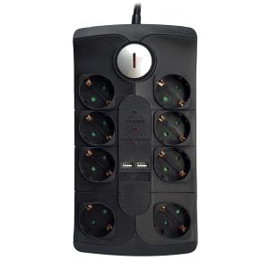 POWERTECH πολύπριζο ασφαλείας PT-995, 8x schuko & 2x USB, 16A, 2m, μαύρο | Τροφοδοσία Ρεύματος | elabstore.gr