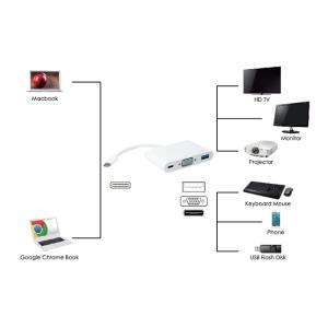 POWERTECH αντάπτορας Type-C σε VGA + Type-C + USB 3.0 PTH-035, λευκό | Καλώδια - Αντάπτορες | elabstore.gr