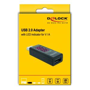 DELOCK αντάπτορας USB 65569 με οθόνη ένδειξης V/A, έως 5V/4A, μαύρος | Καλώδια - Αντάπτορες | elabstore.gr