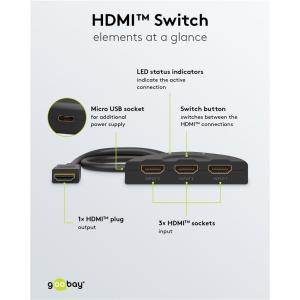 GOOBAY HDMI switch 58488, 3-in σε 1-out, 4K/60Hz, μαύρο | Καλώδια - Αντάπτορες | elabstore.gr