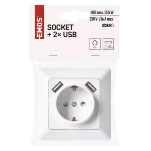 EMOS πρίζα τοίχου A6000.1, 2x USB θύρες, 10.5W, 1x Schuko, 16A, λευκή | Εργαλεία | elabstore.gr