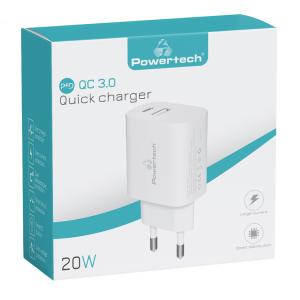 POWERTECH φορτιστής τοίχου PT-1040, USB & USB-C, PD QC3.0, 20W, λευκός | Αξεσουάρ κινητών | elabstore.gr