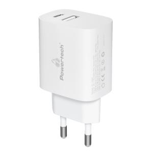 POWERTECH φορτιστής τοίχου PT-1040, USB & USB-C, PD QC3.0, 20W, λευκός | Αξεσουάρ κινητών | elabstore.gr