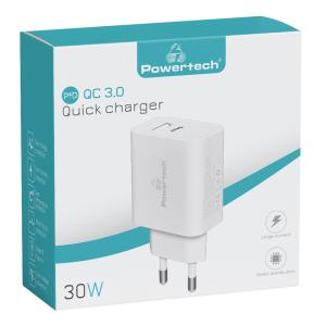 POWERTECH φορτιστής τοίχου PT-1044, USB & USB-C, PD QC3.0, 30W, λευκός | Αξεσουάρ κινητών | elabstore.gr