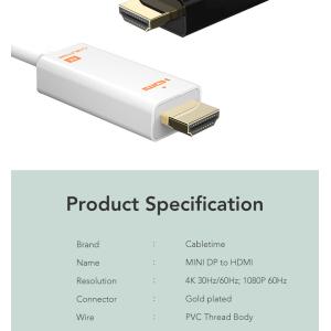 CABLETIME καλώδιο Mini DisplayPort σε HDMI AV588, 4K/30HZ, 1.8m, λευκό | Καλώδια - Αντάπτορες | elabstore.gr
