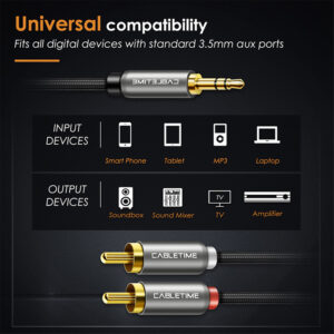 CABLETIME καλώδιο Stereo 3.5mm σε 2x RCA AV314, 1.8m, μαύρο | Καλώδια - Αντάπτορες | elabstore.gr