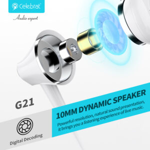 CELEBRAT earphones με μικρόφωνο G21, 3.5mm, 1.2m, λευκά | Αξεσουάρ κινητών | elabstore.gr