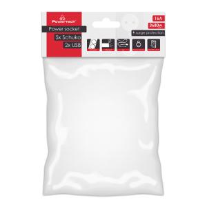 POWERTECH πολύπριζο ασφαλείας PT-1059 5x schuko/2x USB, 16A, 1.4m, λευκό | Τροφοδοσία Ρεύματος | elabstore.gr