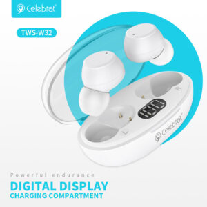 CELEBRAT earphones με θήκη φόρτισης TWS-W32, True Wireless, μαύρα | Αξεσουάρ κινητών | elabstore.gr
