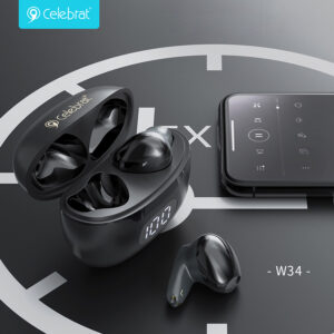 CELEBRAT earphones με θήκη φόρτισης TWS-W34, True Wireless, μαύρα | Αξεσουάρ κινητών | elabstore.gr