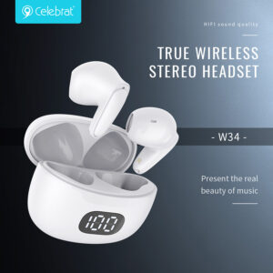 CELEBRAT earphones με θήκη φόρτισης TWS-W34, True Wireless, μαύρα | Αξεσουάρ κινητών | elabstore.gr