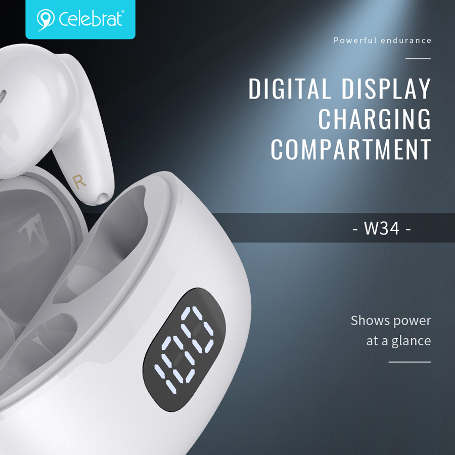 CELEBRAT earphones με θήκη φόρτισης TWS-W34, True Wireless, λευκά | eLabstore.gr CELEBRAT earphones με θήκη φόρτισης TWS-W34, True Wireless, λευκά | Αξεσουάρ κινητών | elabstore.gr