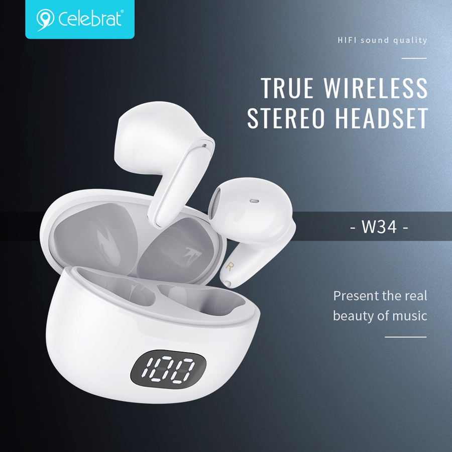CELEBRAT earphones με θήκη φόρτισης TWS-W34, True Wireless, λευκά | eLabstore.gr CELEBRAT earphones με θήκη φόρτισης TWS-W34, True Wireless, λευκά | Αξεσουάρ κινητών | elabstore.gr