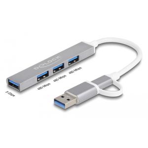 DELOCK USB hub 64214, 4x USB θύρες, USB & USB-C σύνδεση, γκρι | Συνοδευτικά PC | elabstore.gr