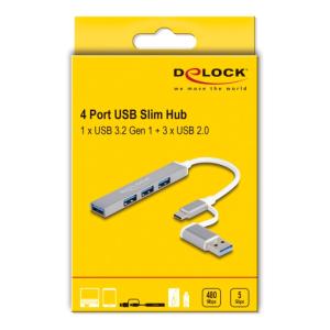 DELOCK USB hub 64214, 4x USB θύρες, USB & USB-C σύνδεση, γκρι | Συνοδευτικά PC | elabstore.gr