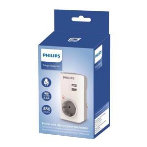 PHILIPS αντάπτορας ρεύματος schuko CHP4010W-10, 2x USB, 380J, λευκός | Τροφοδοσία Ρεύματος | elabstore.gr