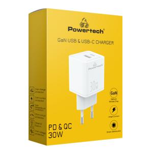 POWERTECH φορτιστής τοίχου PT-1092 USB & USB-C, PD & QC 30W, GaN, λευκός | Αξεσουάρ κινητών | elabstore.gr