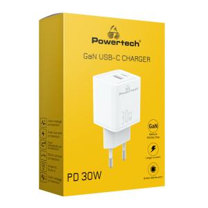 POWERTECH φορτιστής τοίχου PT-1093, USB-C, PD 30W, GaN, λευκός | Αξεσουάρ κινητών | elabstore.gr