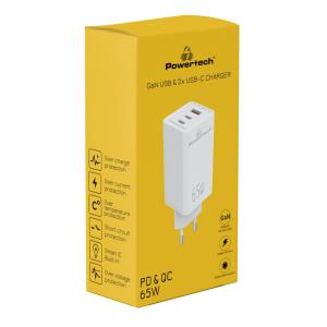 POWERTECH φορτιστής τοίχου PT-1094, USB & 2x USB-C, 65W, GaN, λευκός | Αξεσουάρ κινητών | elabstore.gr