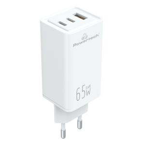 POWERTECH φορτιστής τοίχου PT-1094, USB & 2x USB-C, 65W, GaN, λευκός | Αξεσουάρ κινητών | elabstore.gr
