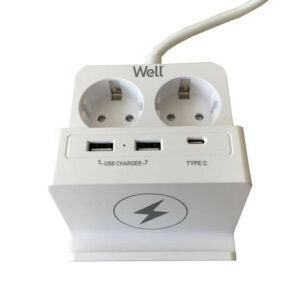 Πολύπριζο Well 2x Schuko και 2x USB A & 1x USB Type-C Wireless Charger 2m/3g1.5 με προστασία EXTS-2S | Ηλεκτρολογικά | elabstore.gr