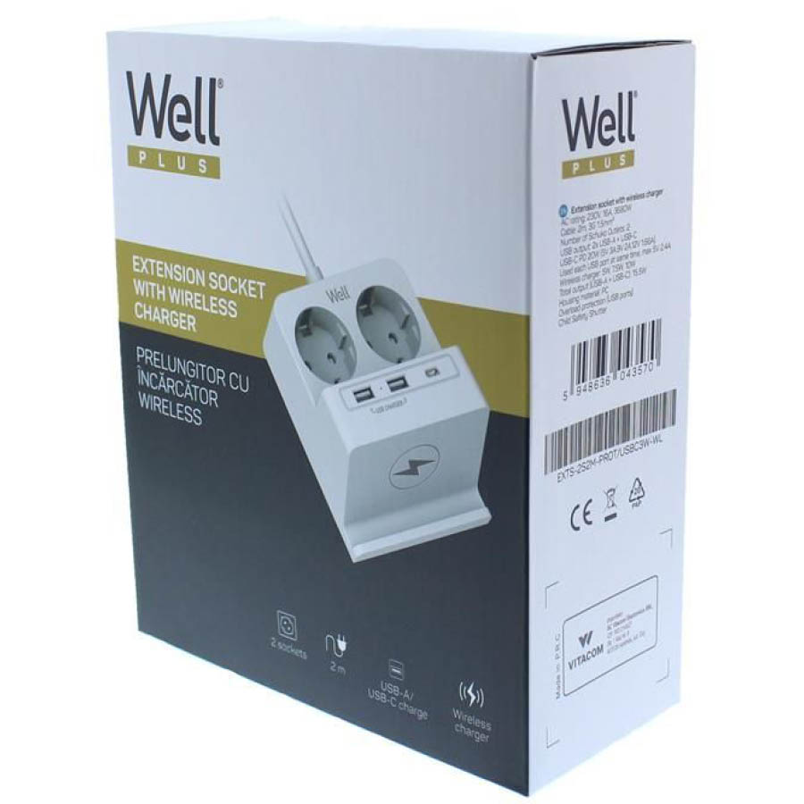 Πολύπριζο Well 2x Schuko και 2x USB A & 1x USB Type-C Wireless Charger 2m/3g1.5 με προστασία EXTS-2S | eLabstore.gr Πολύπριζο Well 2x Schuko και 2x USB A & 1x USB Type-C Wireless Charger 2m/3g1.5 με προστασία EXTS-2S | Ηλεκτρολογικά | elabstore.gr