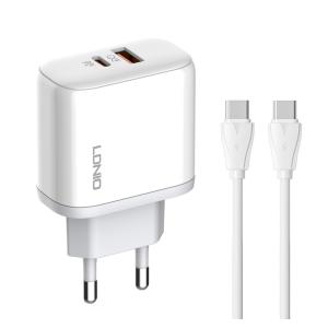 LDNIO φορτιστής τοίχου A2526C με καλώδιο, USB & USB-C, 45W PD, λευκός | Αξεσουάρ κινητών | elabstore.gr