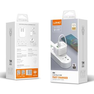 LDNIO φορτιστής τοίχου A201 με καλώδιο USB-C, 2x USB, 12W, λευκός | eLabstore.gr