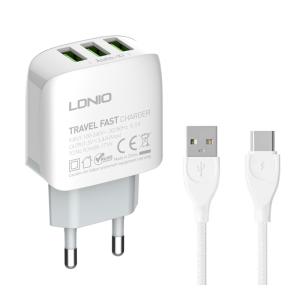 LDNIO φορτιστής τοίχου A3312 με καλώδιο USB-C, 3x USB, 17W, λευκός | Αξεσουάρ κινητών | elabstore.gr