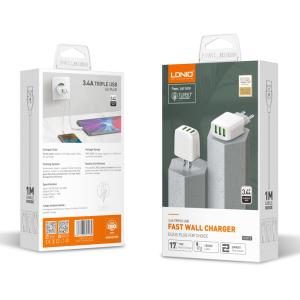 LDNIO φορτιστής τοίχου A3312 με καλώδιο USB-C, 3x USB, 17W, λευκός | eLabstore.gr
