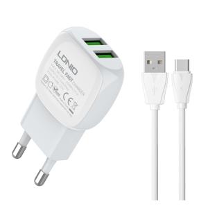 LDNIO φορτιστής τοίχου A2218 με καλώδιο USB-C, 2x USB, 12W, λευκός | Αξεσουάρ κινητών | elabstore.gr