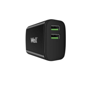 Universal 2xUSB FastTravel Wall Charger 5VDC/2.4A (12W) Μαύρο Well PSUP-USB-W22402BK-WL | Περιφερειακά | elabstore.gr