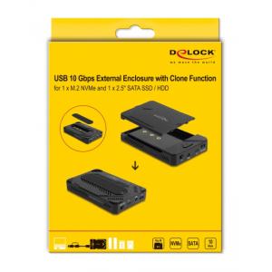 DELOCK θήκη για M.2 & 2.5" SATA SSD/HDD 42020, USB-C, λειτουργία κλώνου | Συνοδευτικά PC | elabstore.gr