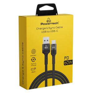 POWERTECH καλώδιο USB σε USB-C PTR-0129, PD 60W, copper, 60cm, μαύρο | Καλώδια - Αντάπτορες | elabstore.gr