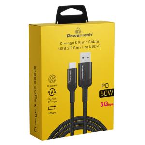 POWERTECH καλώδιο USB σε USB-C PTR-0134 PD 60W, 5Gbps, copper, 1m, μαύρο | Καλώδια - Αντάπτορες | elabstore.gr