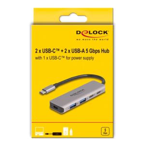 DELOCK USB-C hub 64239, 2x USB/2x USB-C θύρες, 5Gbps, γκρι | Συνοδευτικά PC | elabstore.gr