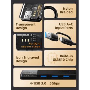 CABLETIME USB hub CT-HUBT3-PB, 4x θυρών, USB/USB-C σύνδεση, 5Gbps, μαύρο | Συνοδευτικά PC | elabstore.gr