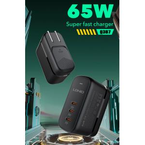 LDNIO φορτιστής τοίχου Q367 με καλώδιο USB-C, 3x USB-C, 65W, GaN, μαύρος | eLabstore.gr