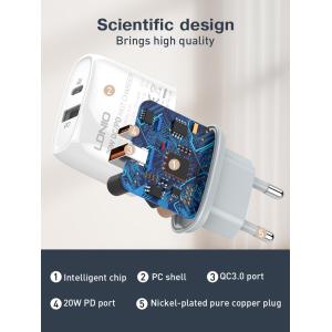 LDNIO φορτιστής τοίχου Q229 με καλώδιο, USB & USB-C, 20W PD, λευκός | Αξεσουάρ κινητών | elabstore.gr