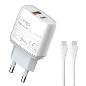 LDNIO φορτιστής τοίχου Q229 με καλώδιο, USB & USB-C, 20W PD, λευκός | Αξεσουάρ κινητών | elabstore.gr